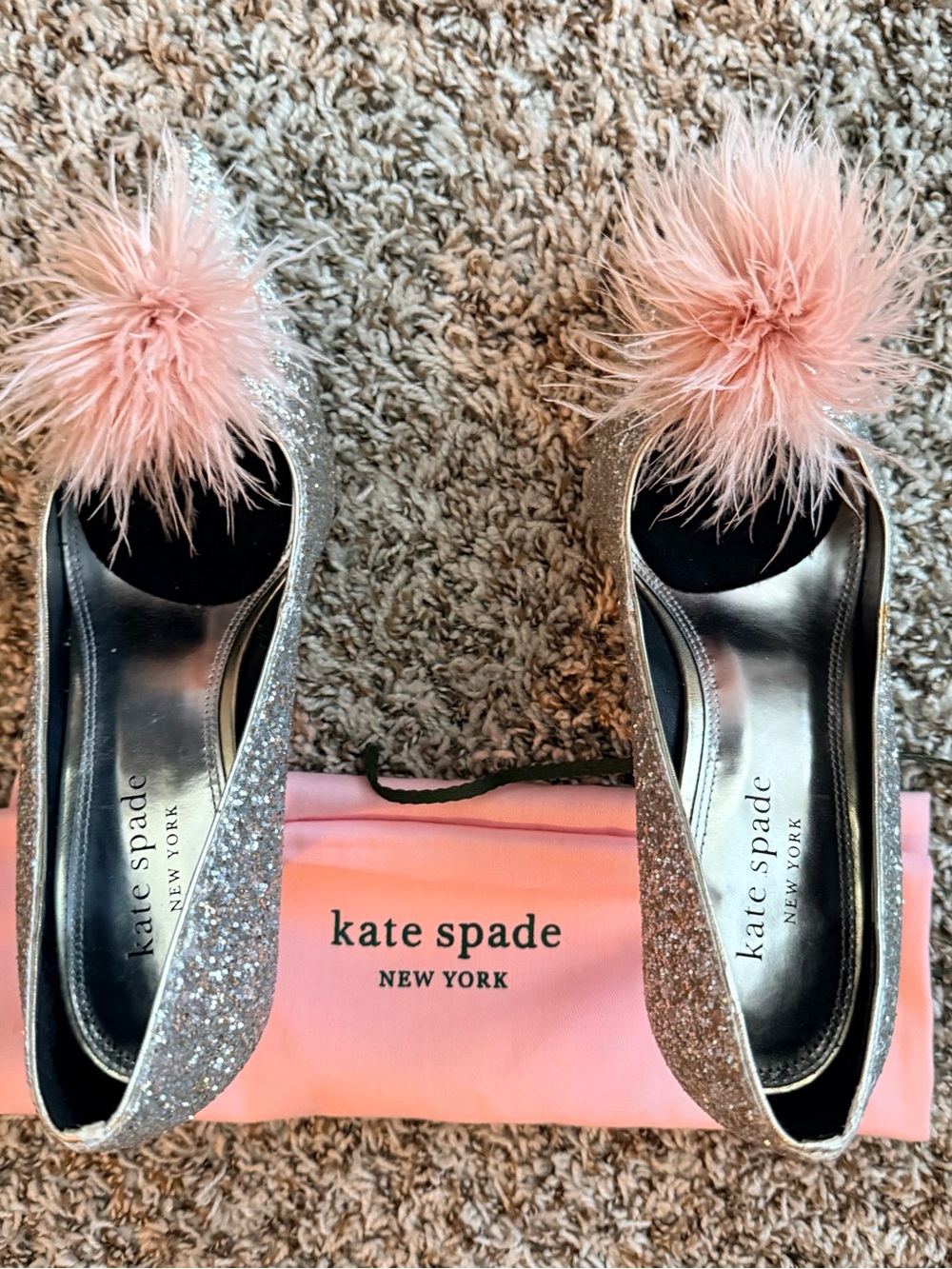 kate spade Silver Glitter Pointed Pumps with Pink Feather Poms - Picture 7 of 8